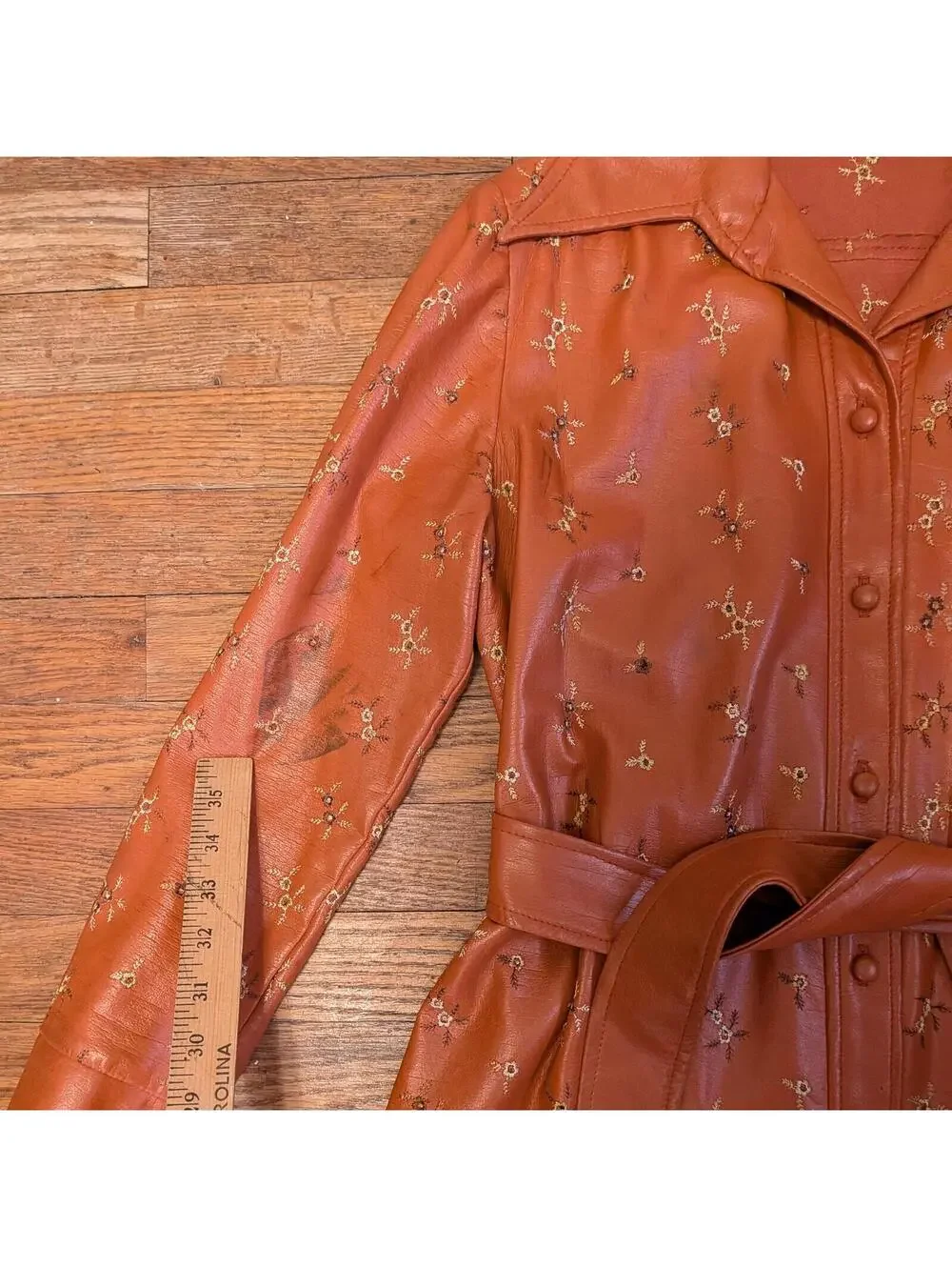 70s Jason David Terracotta Cognac Genuine Leather Embroidered Floral Belted Coat